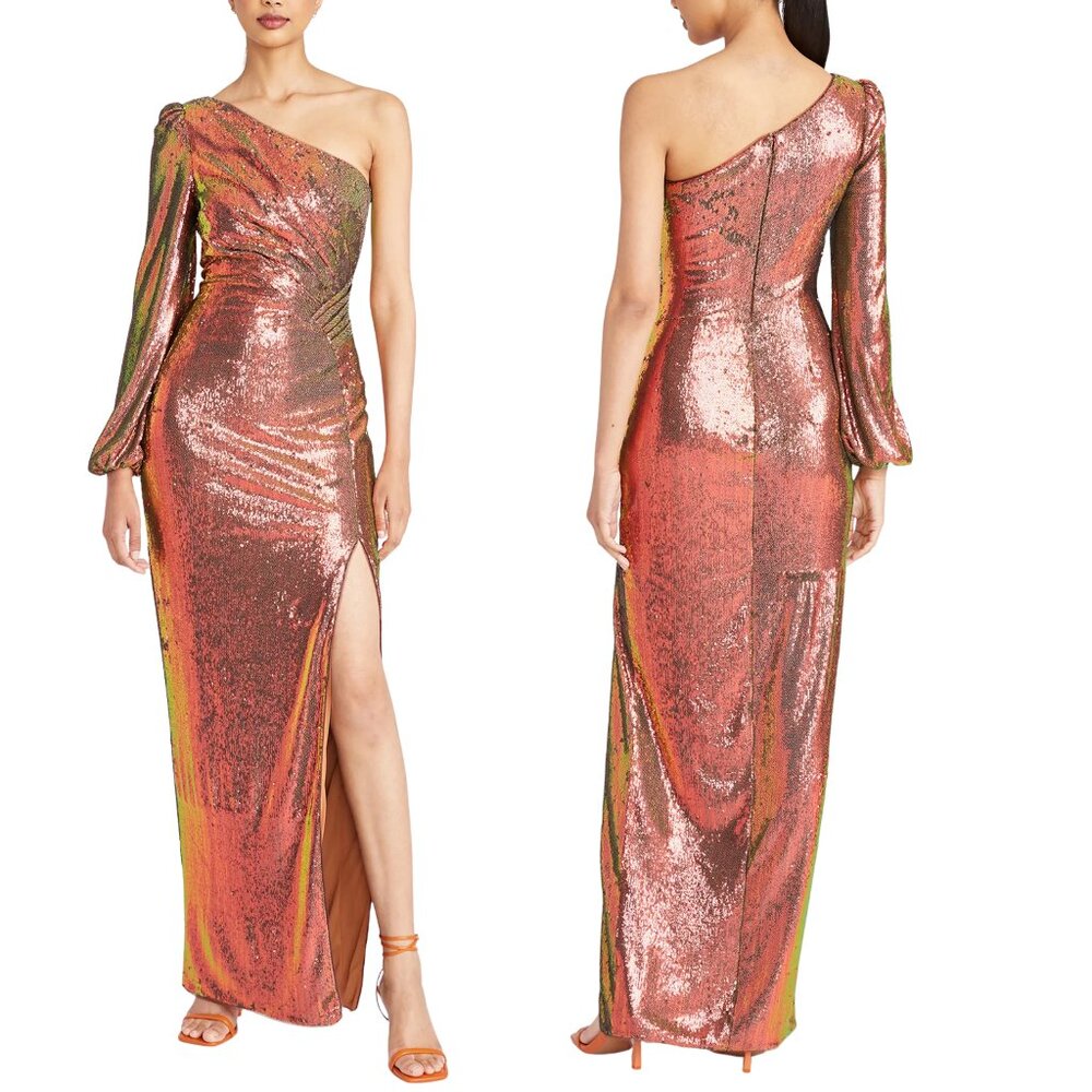 NWT Theia Couture Myra One Shoulder Metallic Sequin Gown ($795) Sz 4